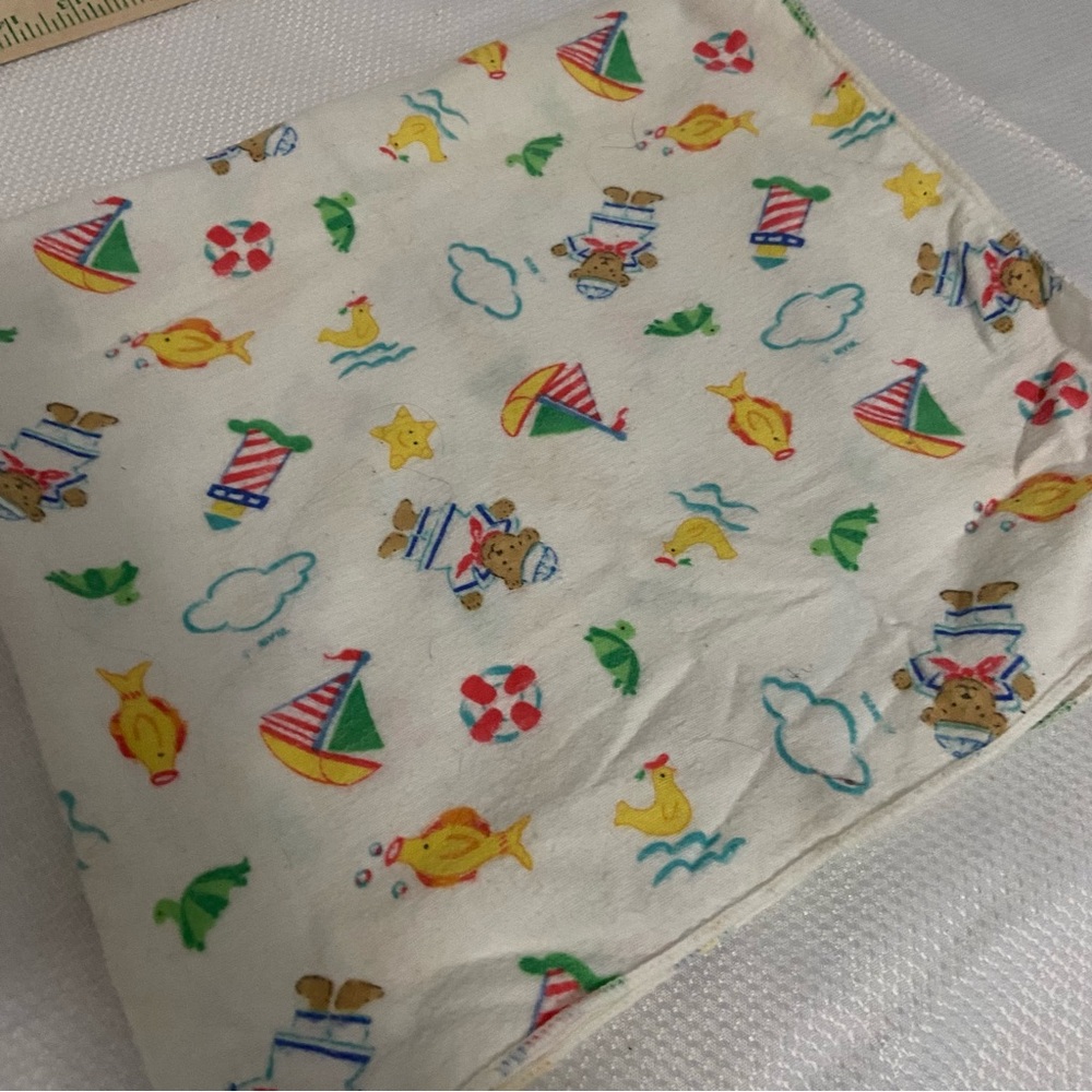 Vintage Riegel White Turtle Fish Sailboat Teddy Bear Receiving Baby Blanket
